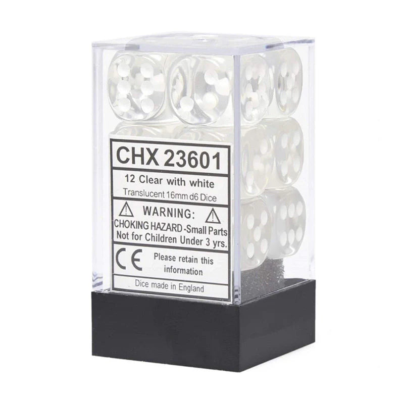 16mm D6 Dice Block (12) - Translucent Clear/White