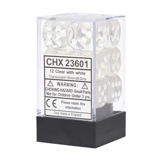 16mm D6 Dice Block (12) - Translucent Clear/White