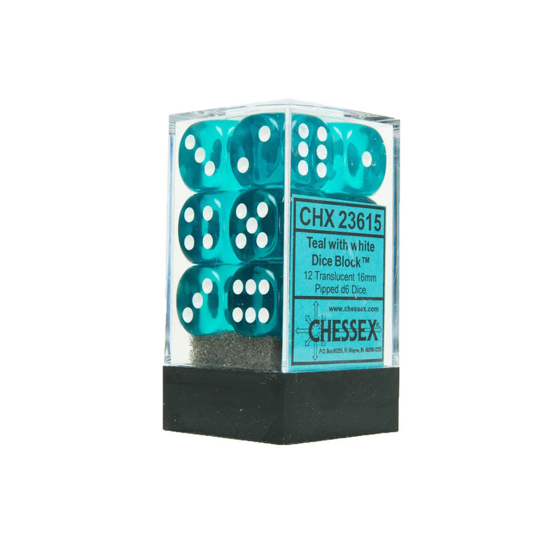 16mm D6 Dice Block (12) - Translucent Teal/White