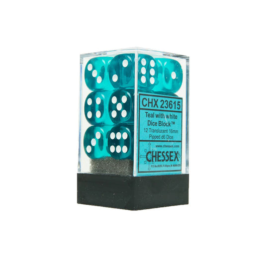 16mm D6 Dice Block (12) - Translucent Teal/White
