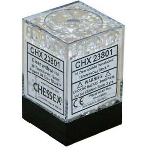 12mm D6 Dice Block (36) - Translucent Clear/White