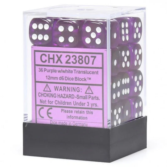 12mm D6 Dice Block (36) - Translucent Purple/White