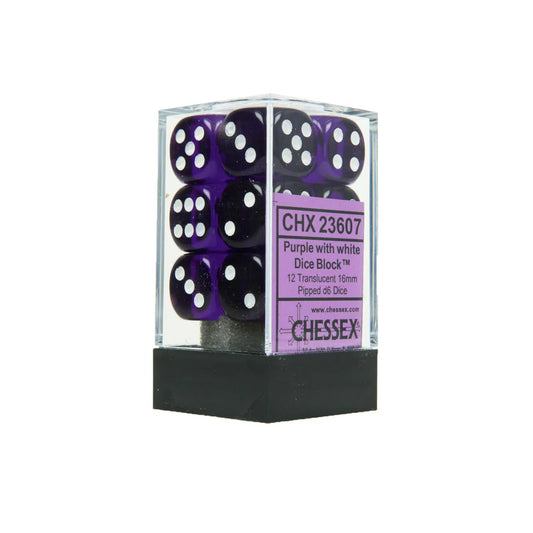 16mm D6 Dice Block (12) - Translucent Purple/White