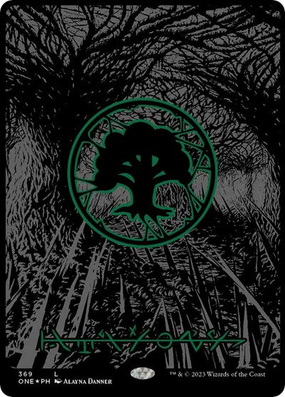 2023 Magic: The Gathering: Phyrexia: All Will Be One (ONE) - Forest Phyrexian Full Art Oil Slick Raised Foil (#369, Land) (Foil, Near Mint)