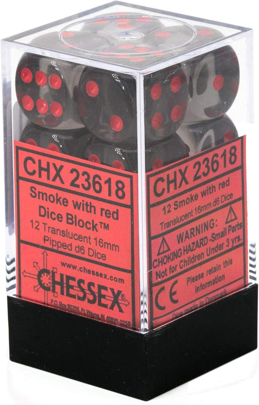 16mm D6 Dice Block (12) - Translucent Smoke/Red