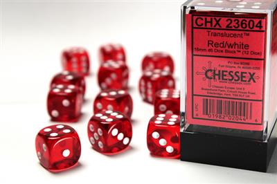 16mm D6 Dice Block (12) - Translucent Red/White