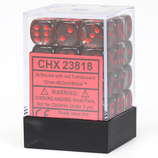 12mm D6 Dice Block (36) - Translucent Smoke/Red